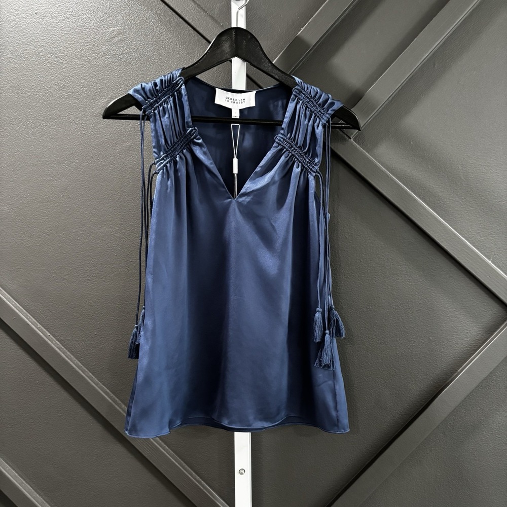 Derek Lam 10 Crosby Slate Blue Ruched Tassel Tie V Neck Sleeveless Top Size 0